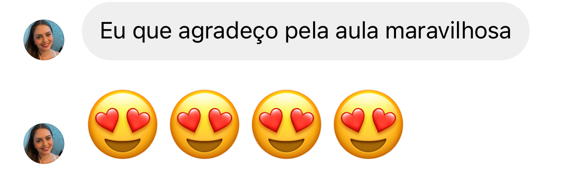 Mensagem de aluna: Eu que agradeco pela aula maravilhosa, com quatro emojis de coracao nos olhos